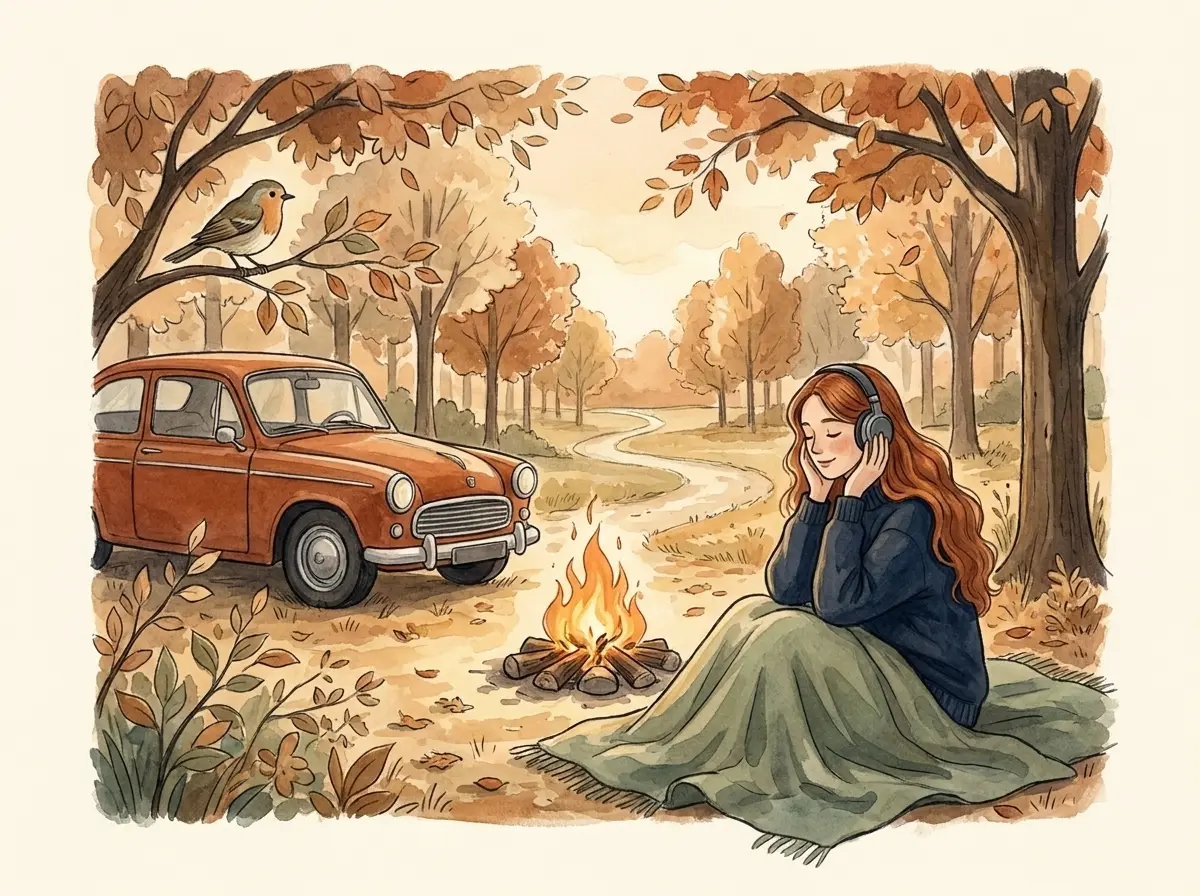 Rudens parkas su automobiliu, paukščiu ir laužu – balsių su r scena