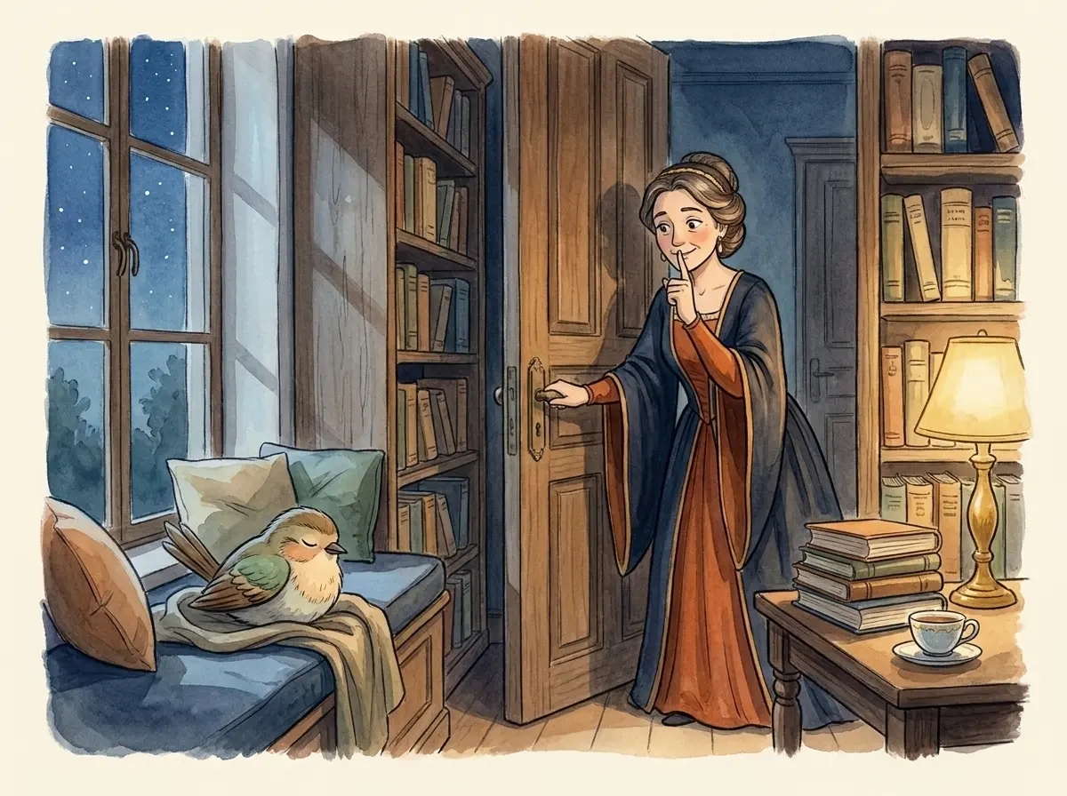 Karalienė tyliai užveria bibliotekos duris – qu junginio atminties scena
