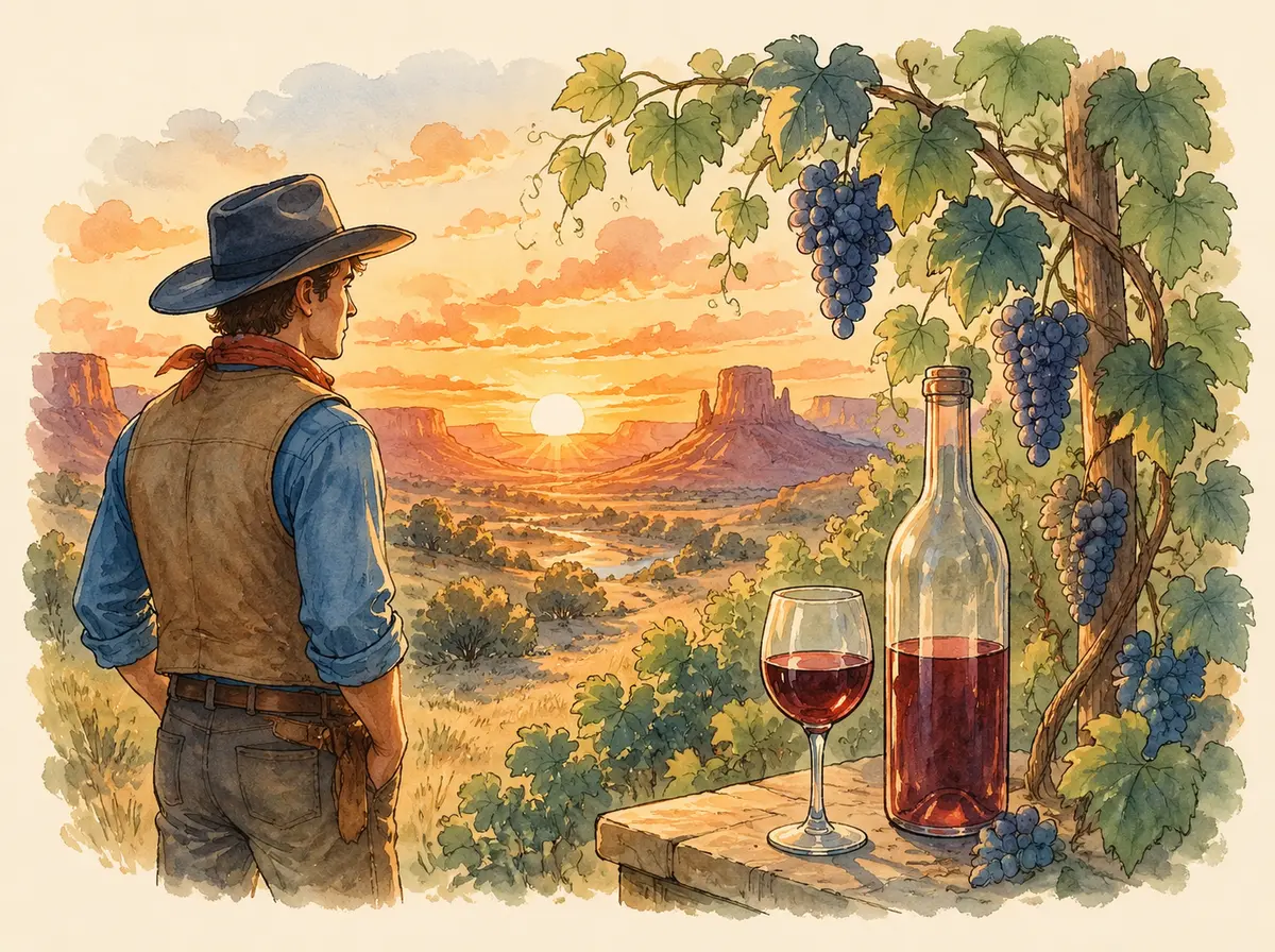 Vynas, vynmedis ir liemenę vilkintis keliautojas žiūri į vakarų saulėlydį – wine, vine, west ir vest scena